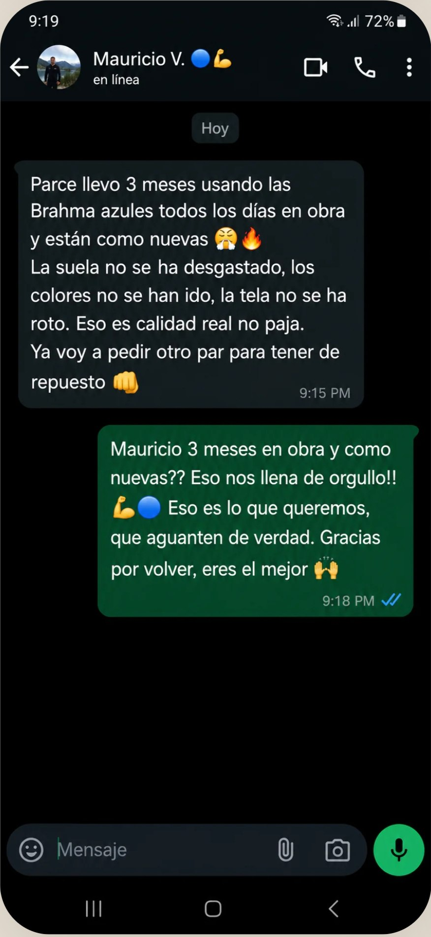 Mensaje de WhatsApp real de Mauricio V. desde Cali